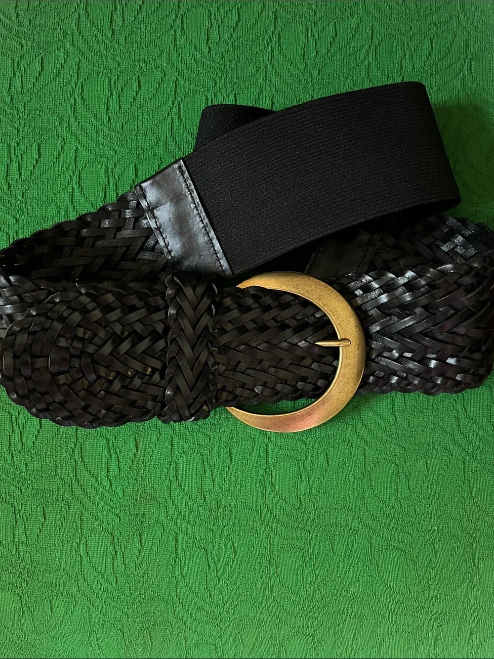 Anthropology Wide Black Braided Elastic Belt with Gold Round Buckle